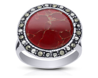 Pierścionek srebrny z koralem i markazytami - 2