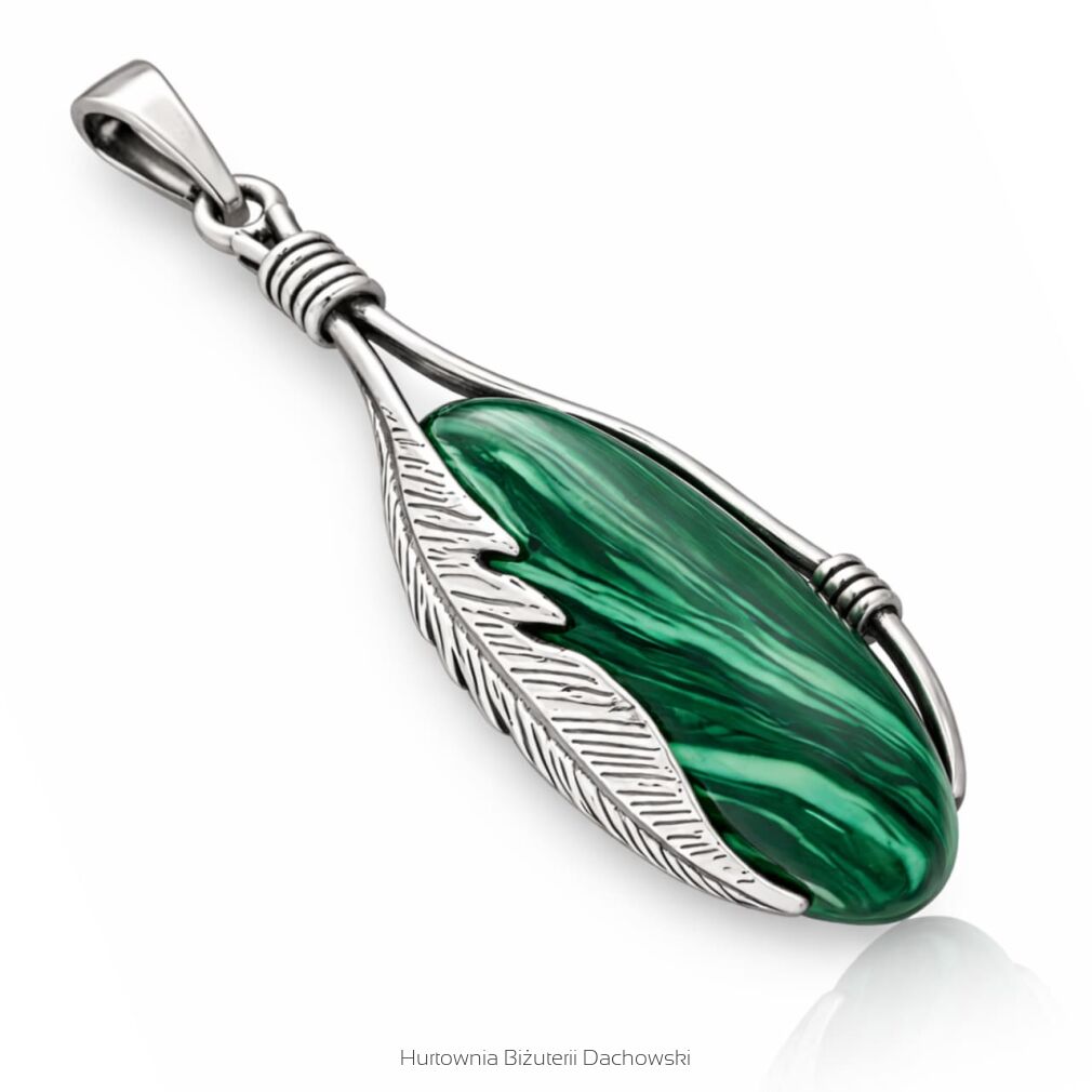 Zawieszka srebrna 925 z malachitem wisiorek pióro