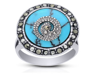 Pierścionek srebrny z turkusem i markazytami - 2