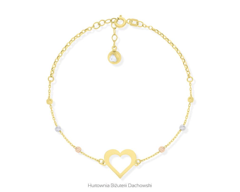Złota bransoletka serce i błyszczące kulki pr.585