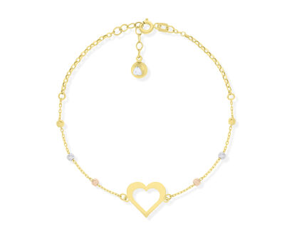 Złota bransoletka serce i błyszczące kulki pr.585