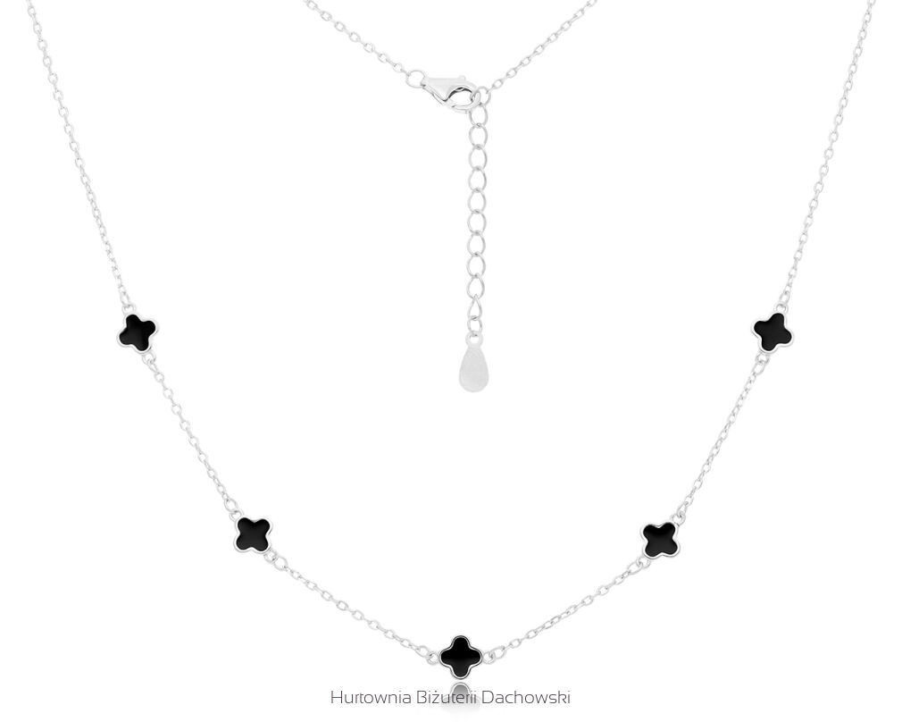 Naszyjnik srebrny z koniczynami czarna emalia
