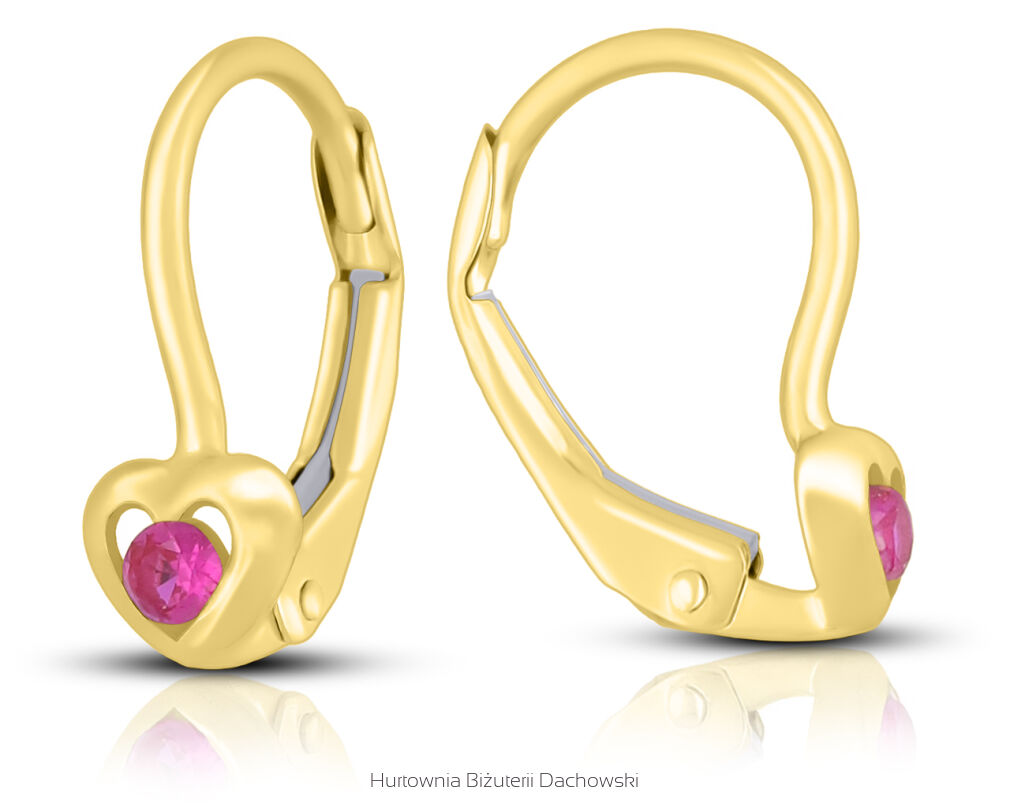 Złote kolczyki 585 serduszka z rubinową cyrkonią