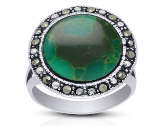 Pierścionek srebrny z malachitem i markazytami - 2