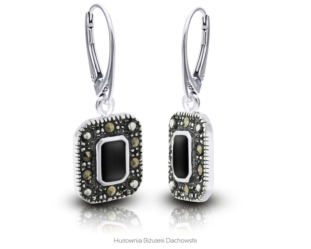 Srebrne kolczyki z onyksem i markazytami wiszące