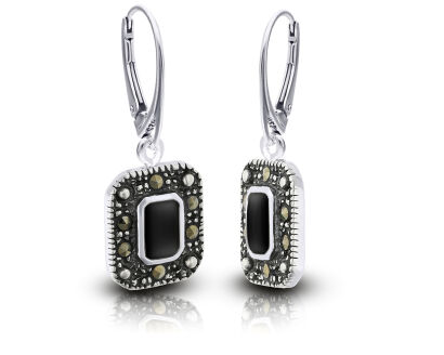 Srebrne kolczyki z onyksem i markazytami wiszące