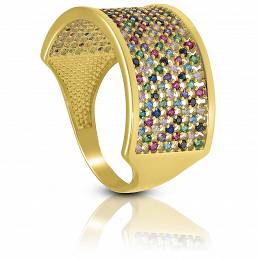 Złoty pierścionek szeroki z kolorowymi kamieniami