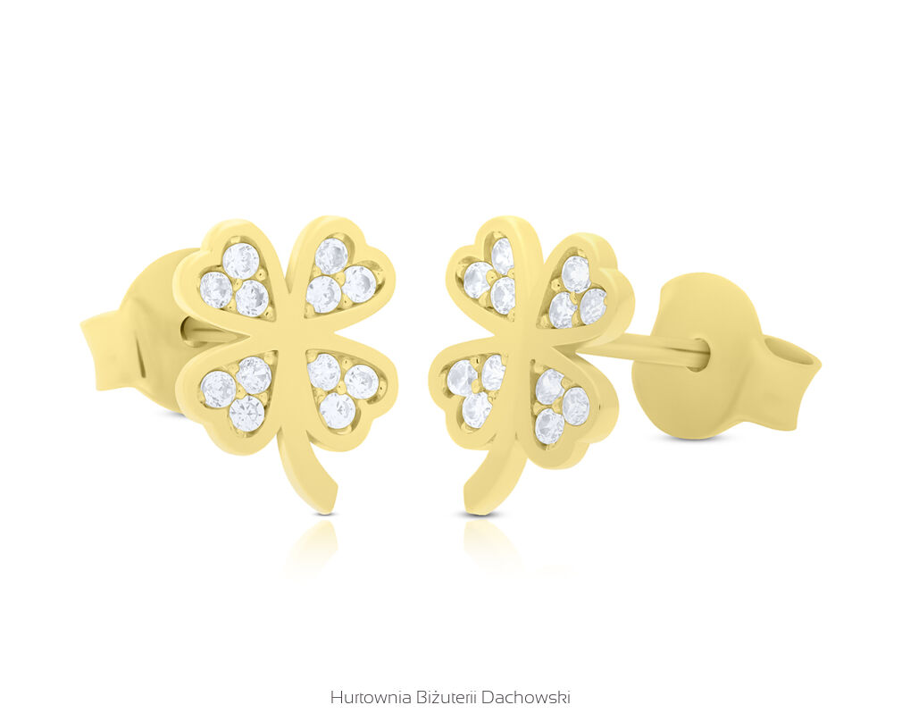 Kolczyki złote 585 koniczyny cyrkonie sztyfty
