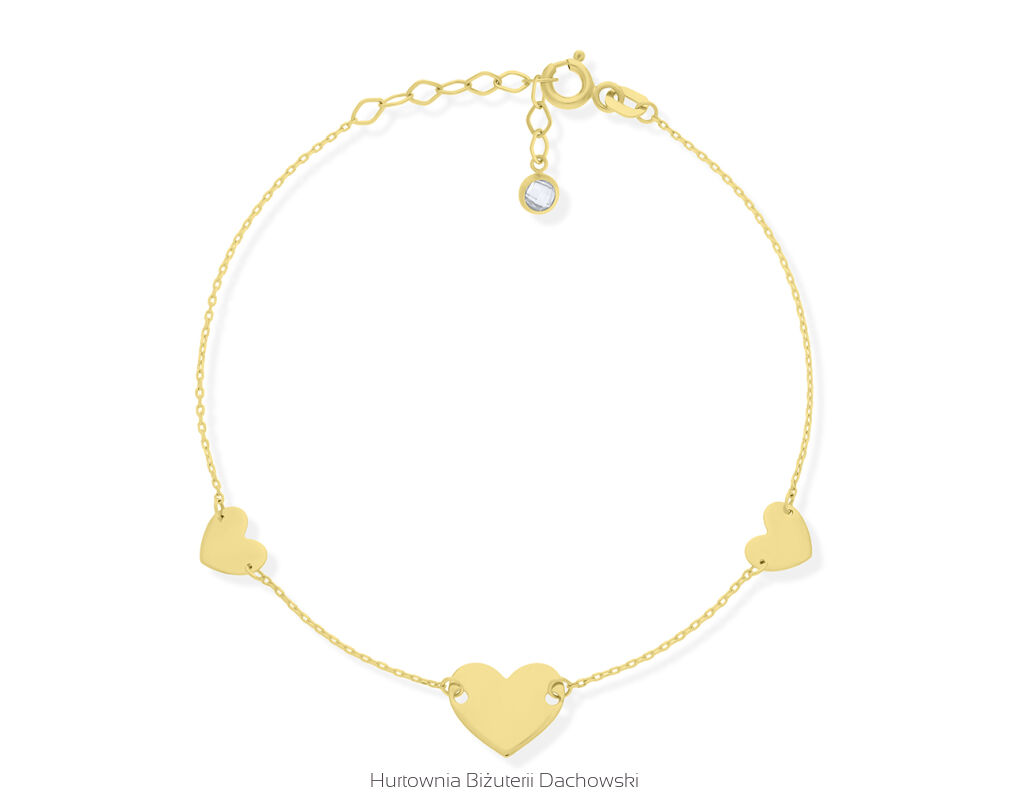 Złota bransoletka z gładkimi sercami pr.585