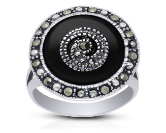 Pierścionek srebrny z czarnym onyksem i markazyty - 2