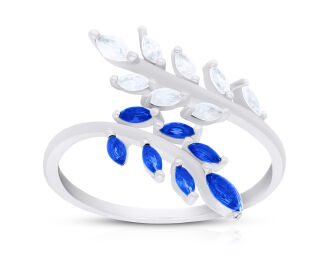 Pierścionek srebrny niebieskie i białe cyrkonie - 2