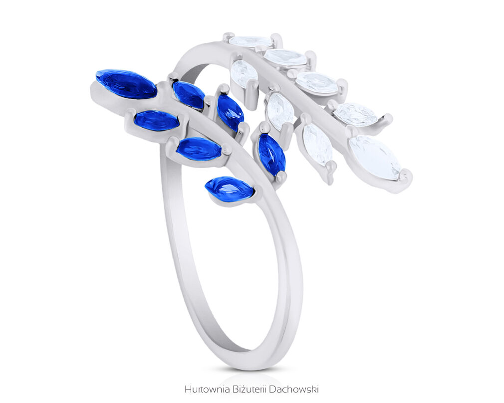 Pierścionek srebrny niebieskie i białe cyrkonie