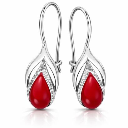 Kolczyki srebrne 925 z koralem wiszące listki