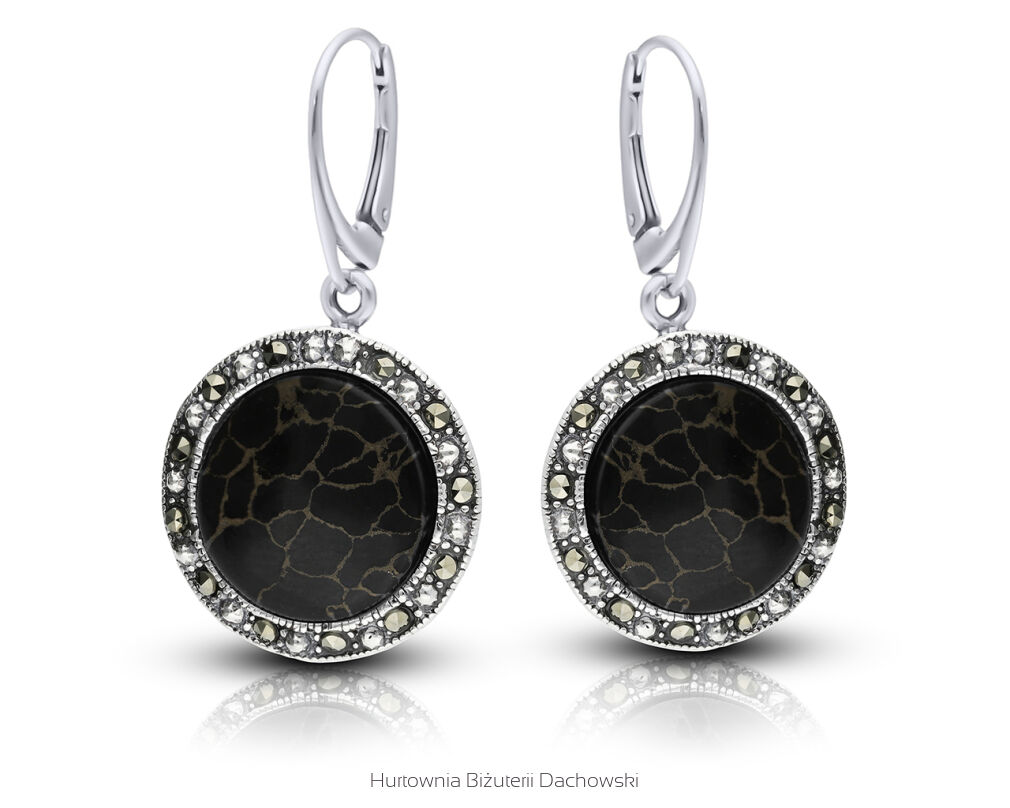 Kolczyki srebrne wiszące z onyksem i markazytami