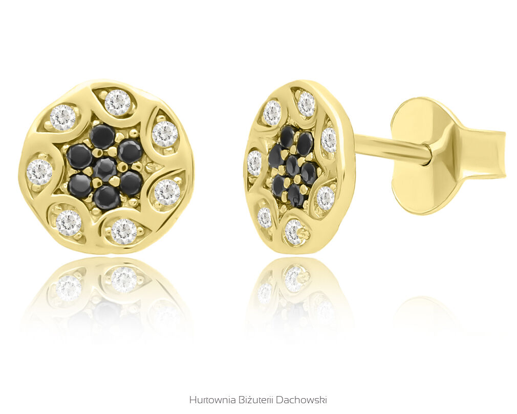 Złote kolczyki z czarnymi i białymi cyrkoniami 585