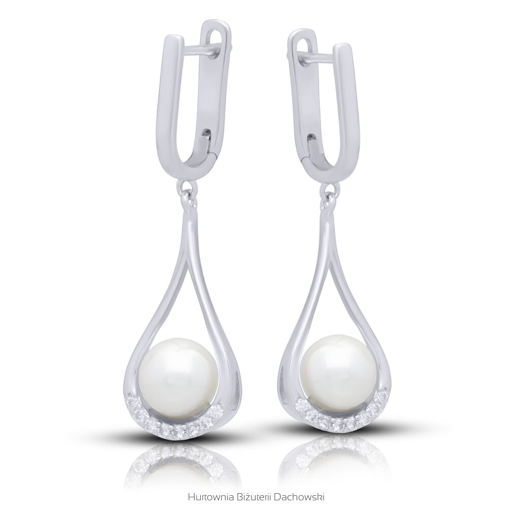 Srebrne kolczyki 925 wiszące z perłą i cyrkoniami