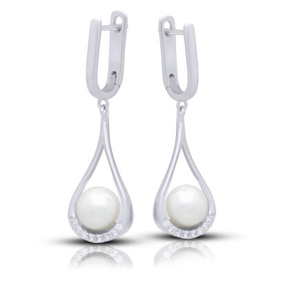 Srebrne kolczyki 925 wiszące z perłą i cyrkoniami