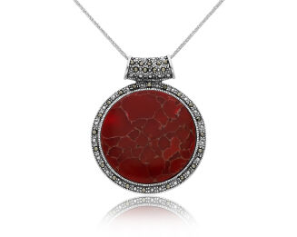 Zawieszka srebrna duża z koralem i markazytami - 3