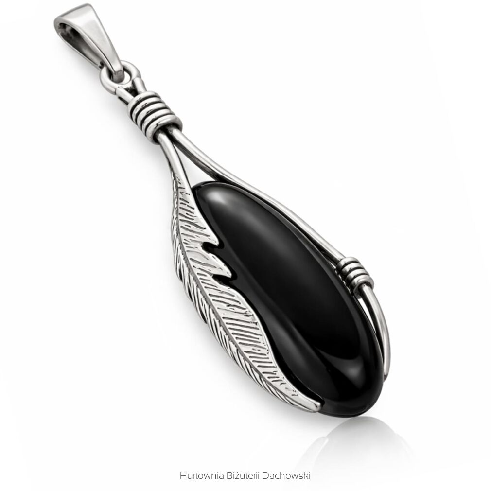 Zawieszka srebrna 925 pióro czarny kamień