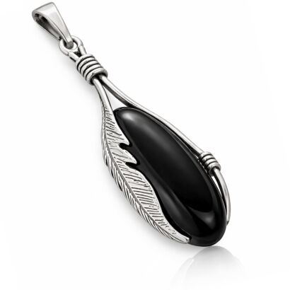 Zawieszka srebrna 925 pióro czarny kamień