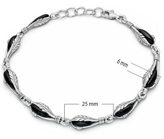 Bransoletka srebrna 925 motyw piór kamień onyks - 2