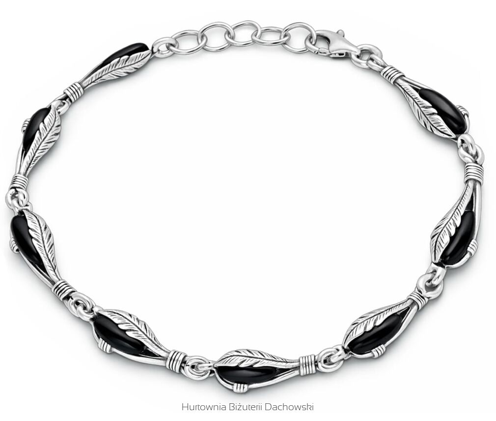 Bransoletka srebrna 925 motyw piór kamień onyks