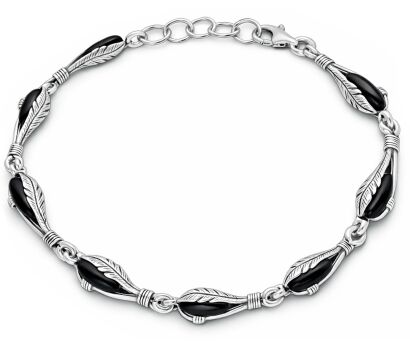 Bransoletka srebrna 925 motyw piór kamień onyks