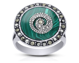 Pierścionek srebrny zielony malachit i markazyty - 2