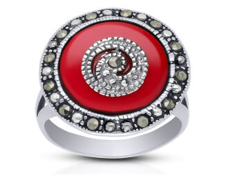 Pierścionek srebrny czerwony koral markazyty - 2