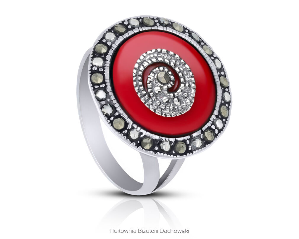 Pierścionek srebrny czerwony koral markazyty