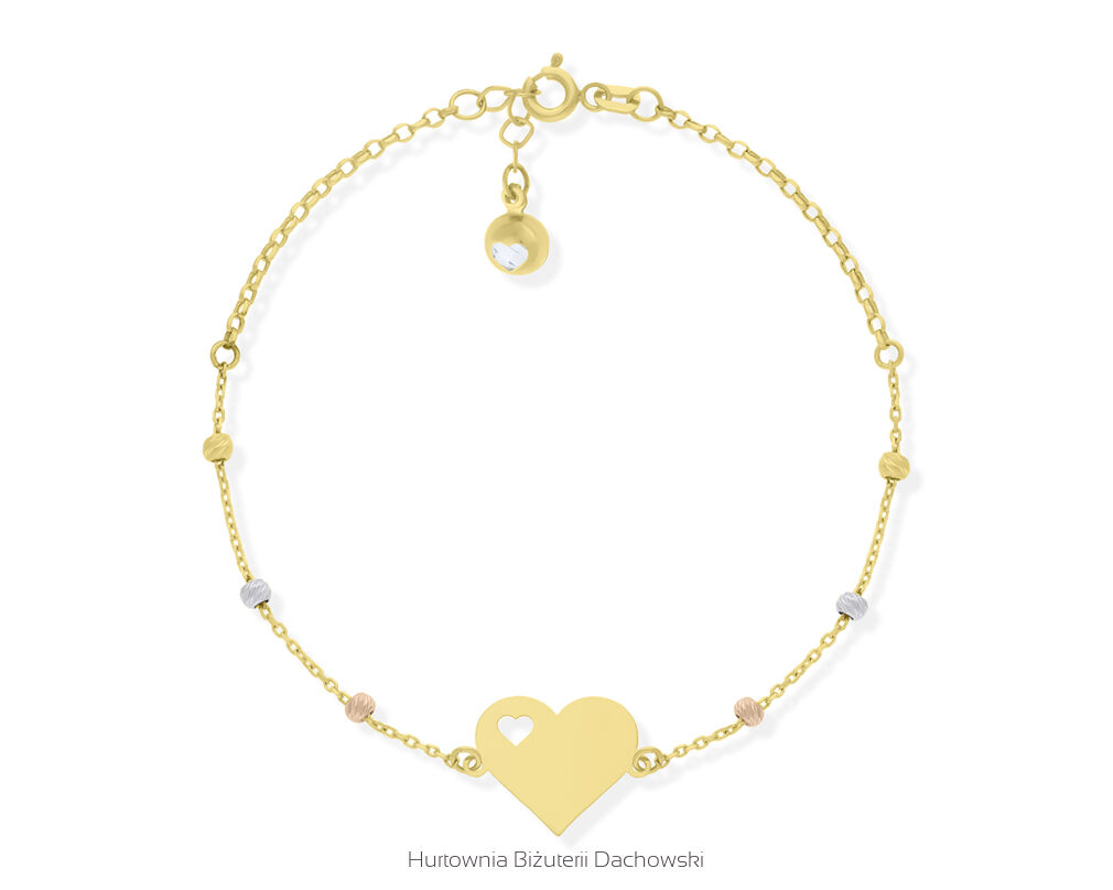 Bransoletka złota 585 serce i błyszczące kulki