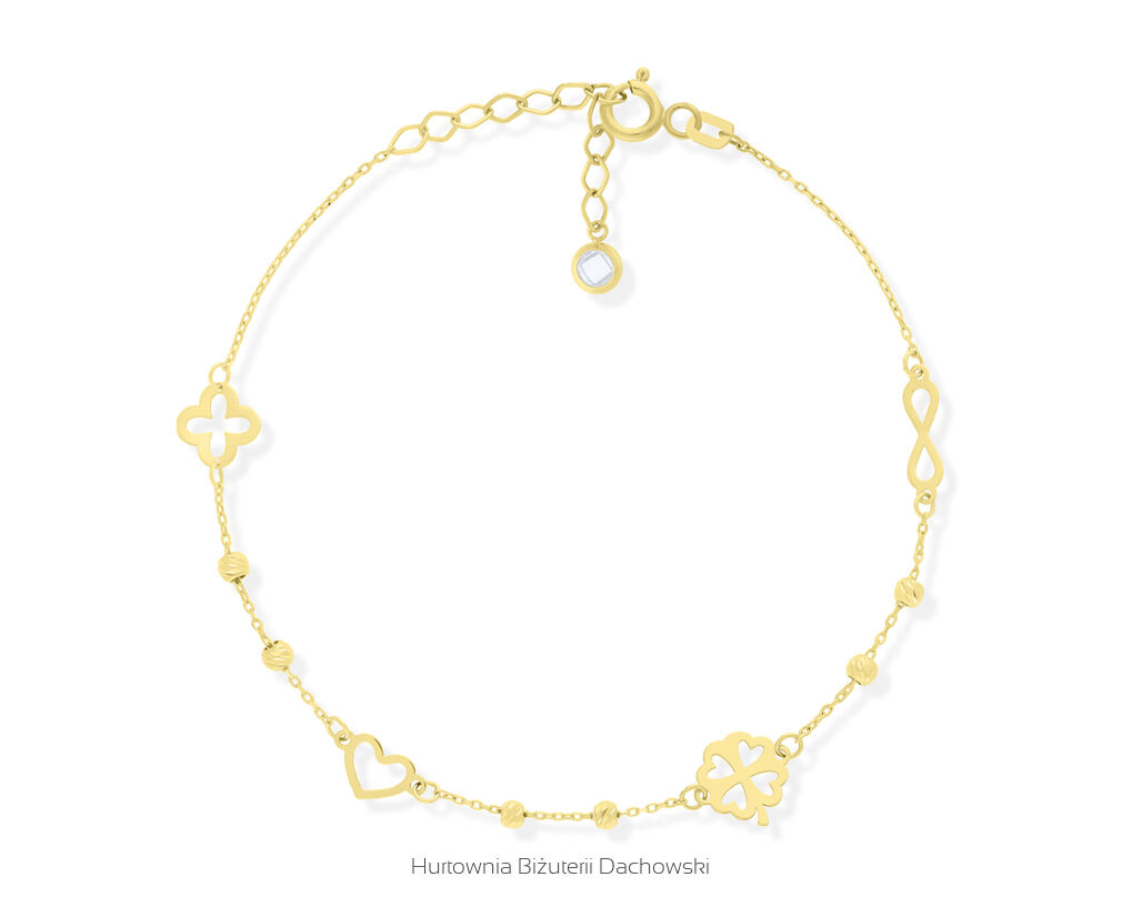Złota bransoletka serce koniczyna infiniti 585