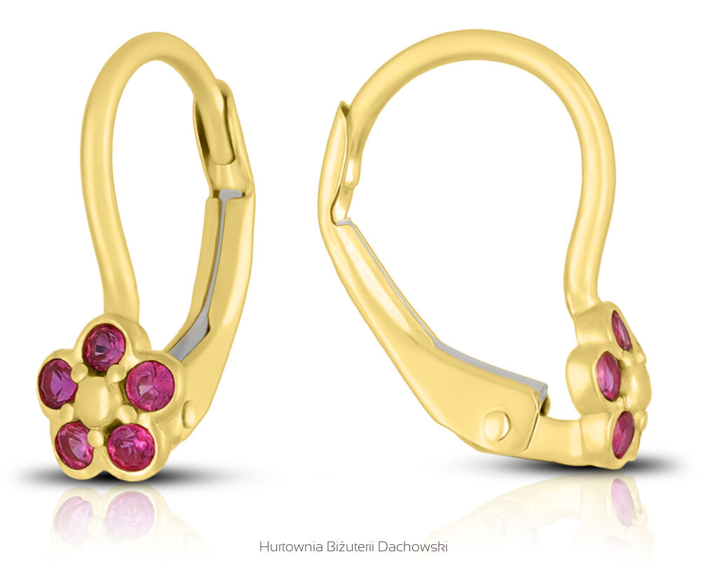 Kolczyki 585 na francuskim motyw kwiatu z rubinową
