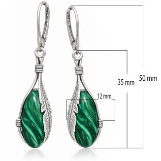 Kolczyki srebrne 925 z malachitem wiszące pióra - 3