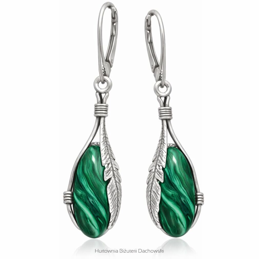 Kolczyki srebrne 925 z malachitem wiszące pióra