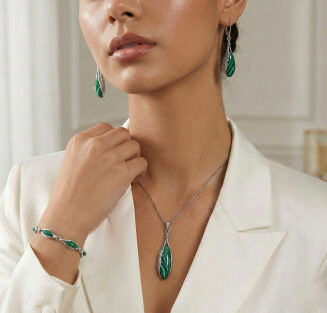 Bransoletka srebrna 925 z malachitem motyw piór - 2