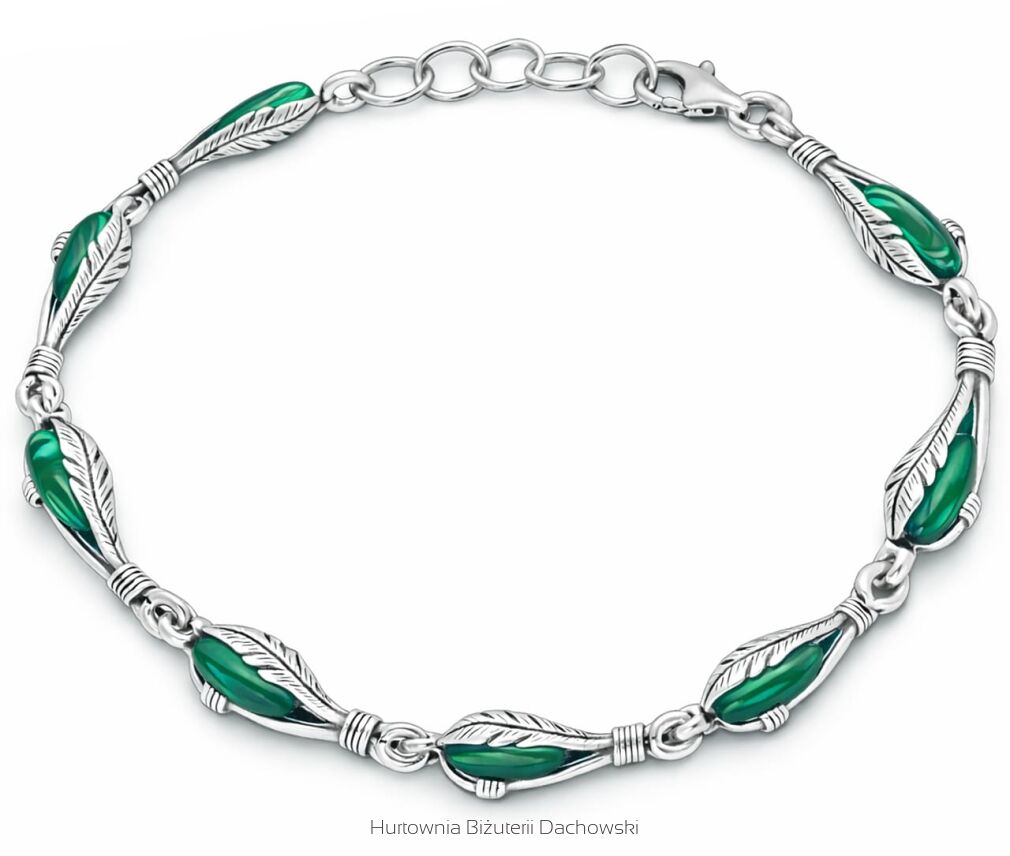 Bransoletka srebrna 925 z malachitem motyw piór