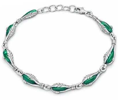 Bransoletka srebrna 925 z malachitem motyw piór