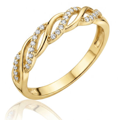 Złoty pierścionek 585 z cyrkoniami przeplatany