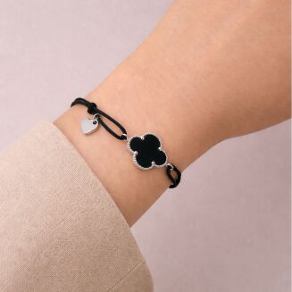 Bransoletka srebrna 925 czarny sznurek koniczyna - 2