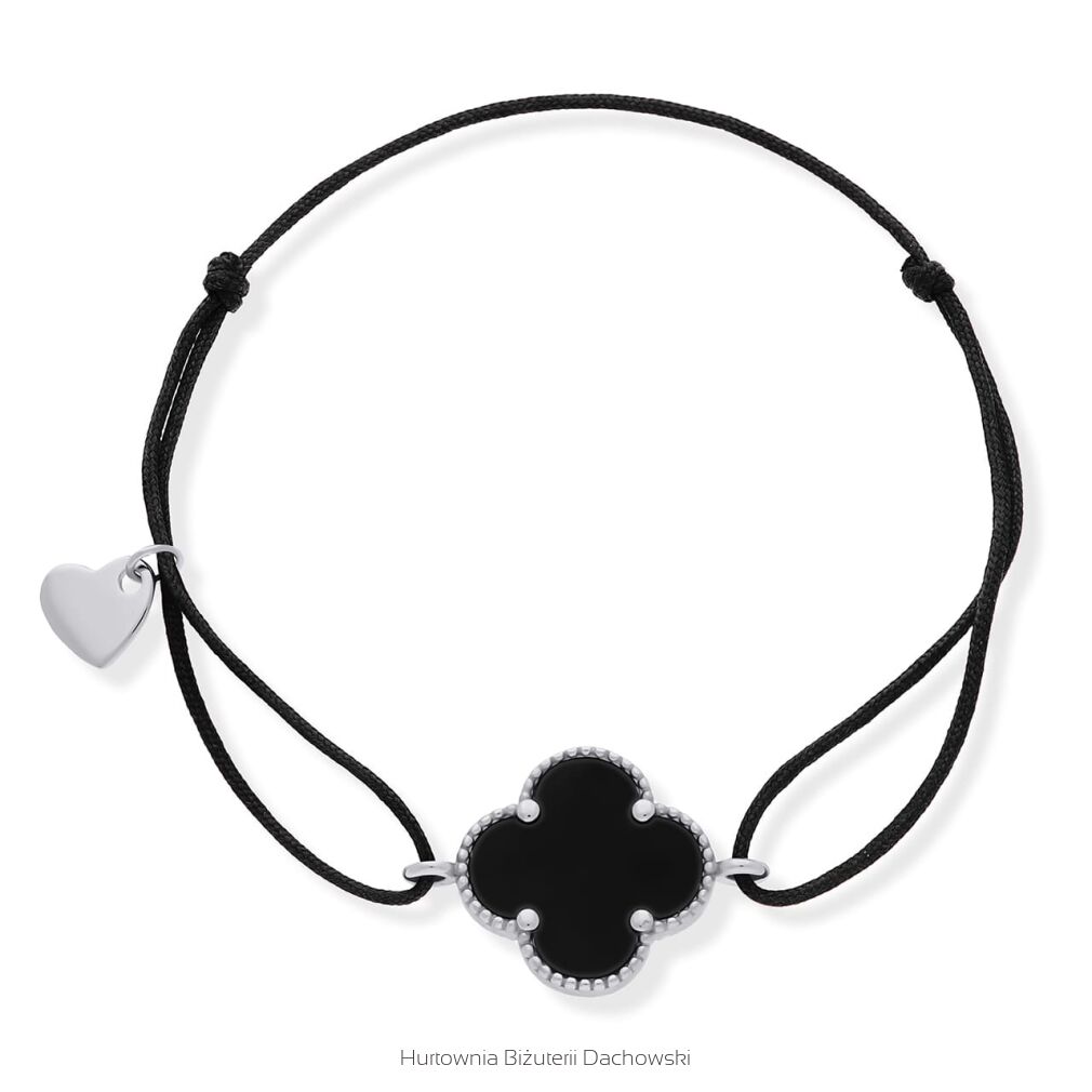 Bransoletka srebrna 925 czarny sznurek koniczyna