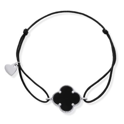 Bransoletka srebrna 925 czarny sznurek koniczyna