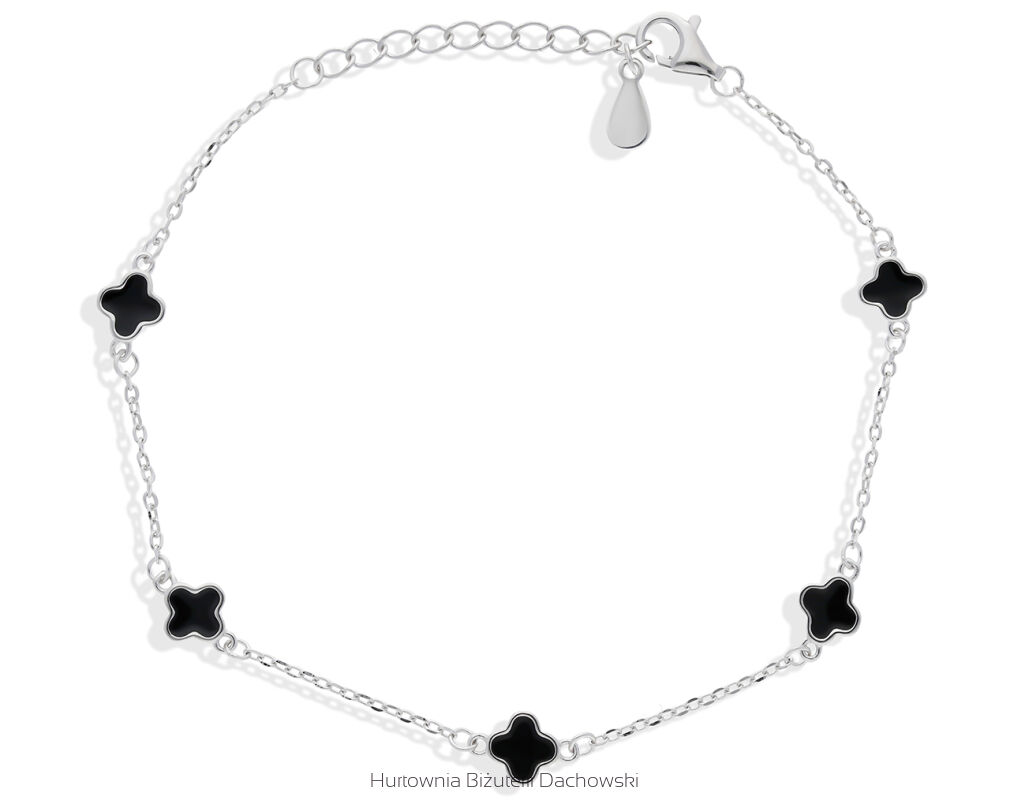 Bransoletka srebrna z koniczynami czarna emalia