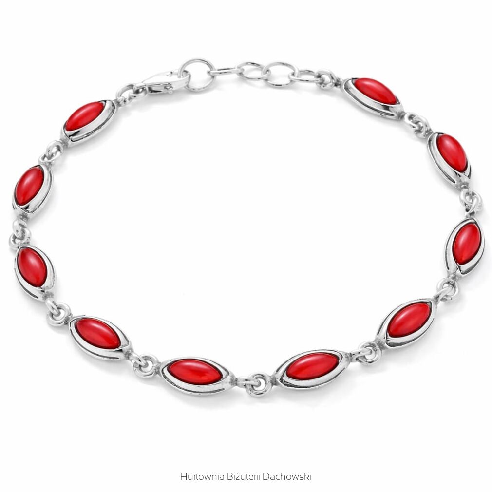 Bransoletka srebrna 925 z koralem smukłe oczka