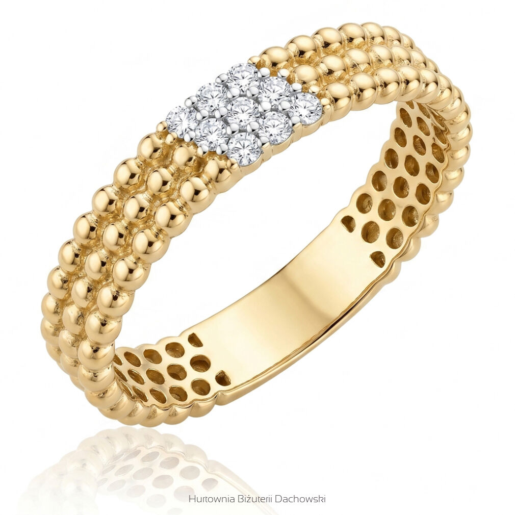 Złoty pierścionek 585 z cyrkoniami pavé kulkowy 